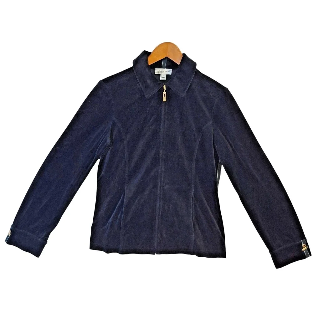 St John Sport Velour Jacket Women's Small Full Zip Suede Stretch‎ Fitted Pockets